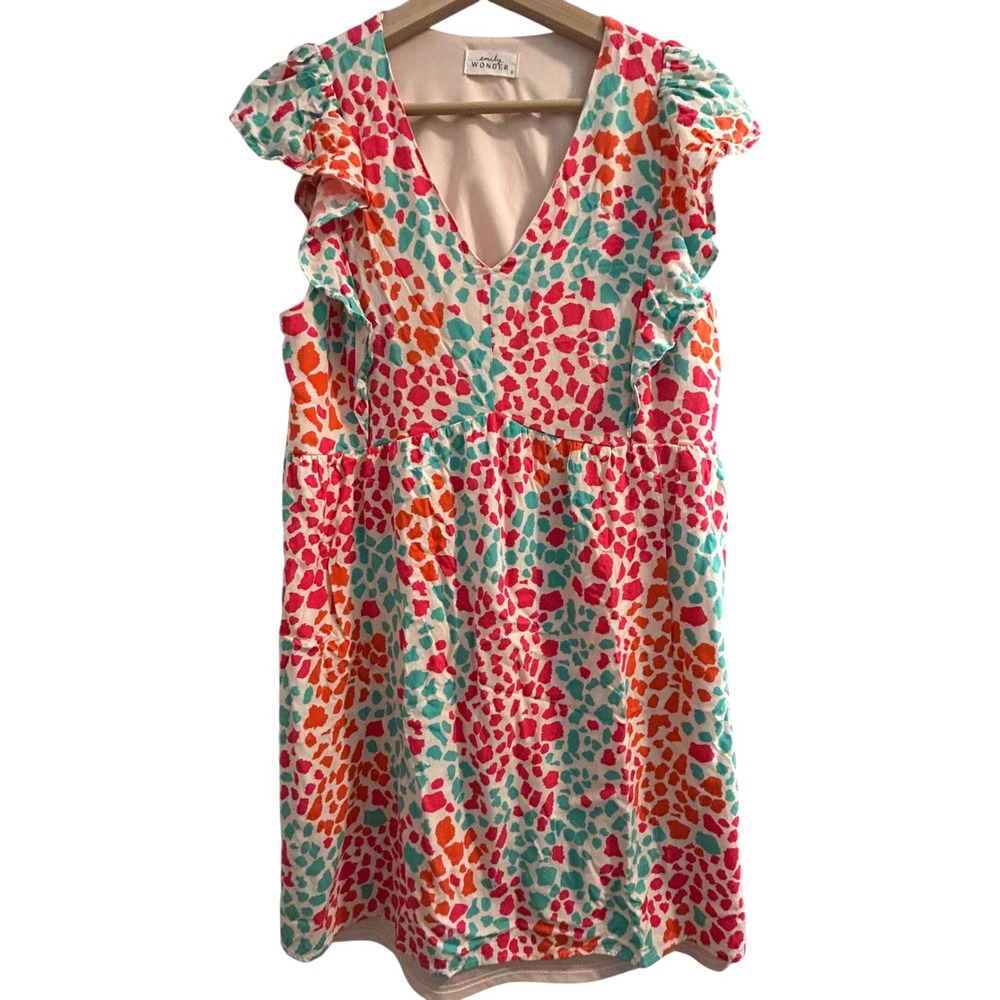 Emily Wonder Womens Pink Orange Teal Abstract Print Ruffle Sleeve Mini Dress S